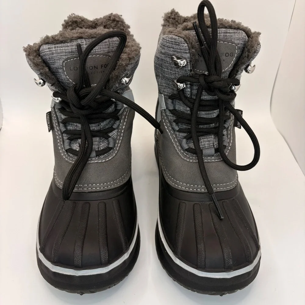 London Fog Croydon Kids Grey Black Faux Fur Lined Duck Winter Boots Size 2